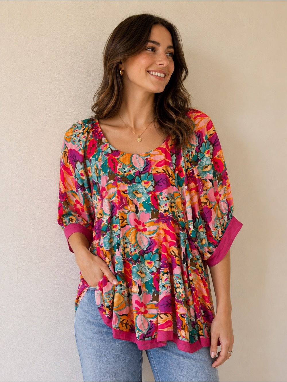 Umgee Multicolor Floral Scoop-Neck Tunic with Pink Trim